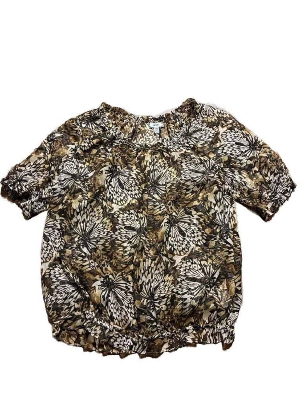IZOD Butterfly Print Sheer Bubble Hem Blouse Size L